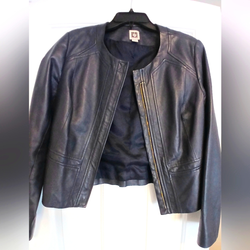 Anne Klein Navy Blue Leather Blazer